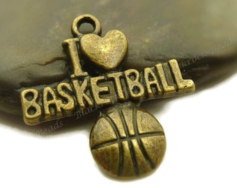 5 I Love Basketball Charms - Antique Bronze Tone - 22x20mm, Sports Charms, Athletic Charms, Message Charms - BM16