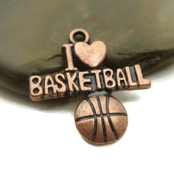 Bulk 15 I Love Basketball Charms - Antique Copper Tone - 22x20mm, Basketball Pendants, Sports Charms, Athletic Charms, Message Charms - BM17