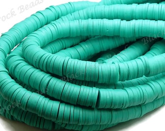 6mm Turquoise Green Polymer Clay and Vinyl Heishi Beads - 17 Inch Strand (380 - 400 Beads) - Vinyl Disc Beads, Spacer Beads - BR6-22