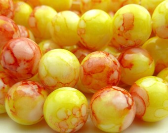 Bulk 50 Banana Yellow and Cherry Red Round Glass Beads - 10mm - Patterned Beads - BL5