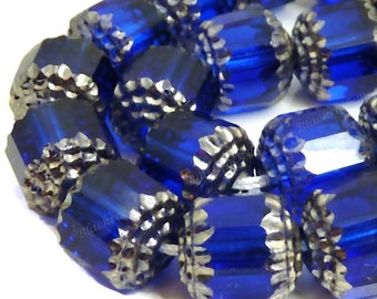 6mm Dark Sapphire and Silver Cathedral Czech Glass Beads - 25pc Strand - Fire Polished Glass, Faceted Barrel Beads - BD1