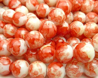 10mm Vermilion Red and Vanilla Cream Round Glass Beads - 20 Pieces - BL4