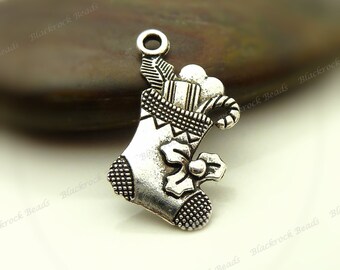 BULK 30 Christmas stocking charms antique silver tone CT59