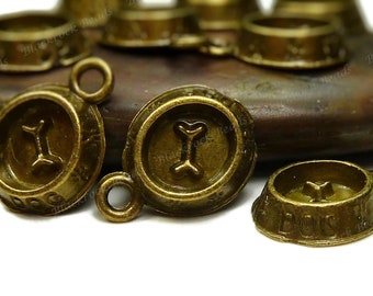 Dog Food Bowl Antique Bronze Charms 9x20mm Set of 10 A1197