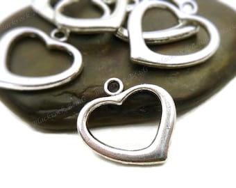 10 Heart Shaped Charms - Antique Silver Tone - 18mm, Double Sided Heart Pendants - BA17