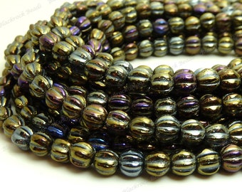 5mm Brown Iris Melon Shaped Czech Glass Beads - 50pc Strand - Corrugated, Fluted Beads, Small Spacer Beads, Green, Blue, Purple - BD31