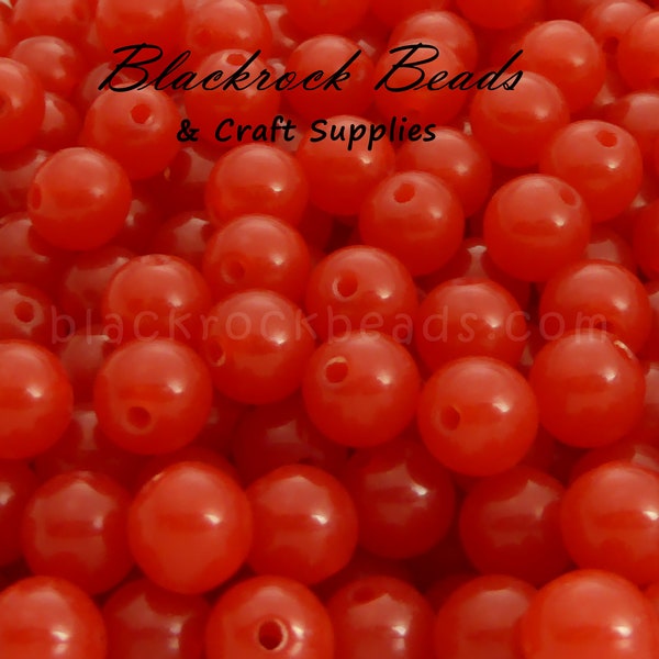 8mm Fluorescent Red Gumball Beads - 50 Pieces - Round Acrylic Bubblegum Beads, Red Jelly Style Beads - BR4-16