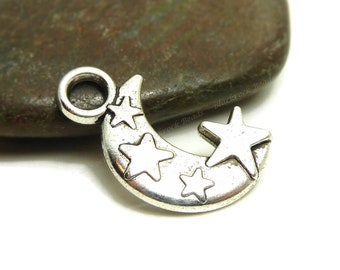 10 Moon and Star Charms - Double Sided - Antique Silver Tone Metal - 19x12mm, Moon and Star Pendants - BP15