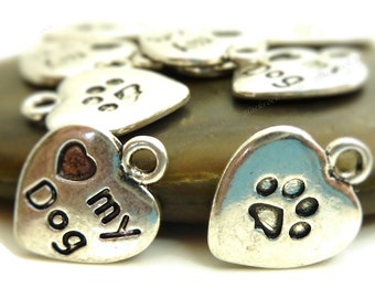 5 I Love My Dog Charms - Antique Silver Tone - 15x12mm, Animal Charms, Canine Pendants - BC17