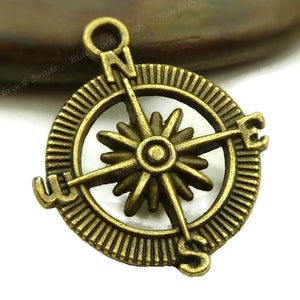 4 Compass Pendants - Antique Bronze Tone - 25mm, Compass Charms, Direction Pendants, Jewelry Findings - BB17