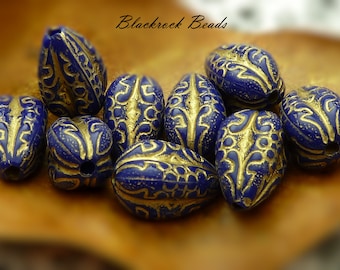 Blue and Gold Enlaced Acrylic Teardrop Beads - 10 Pieces - 18x11mm Acrylic Focal Beads, Drop Beads, Etched Enlaced Designs - BG18