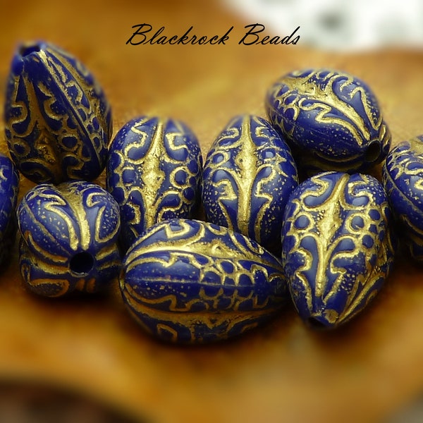 Blue and Gold Enlaced Acrylic Teardrop Beads - 10 Pieces - 18x11mm Acrylic Focal Beads, Drop Beads, Etched Enlaced Designs - BG18