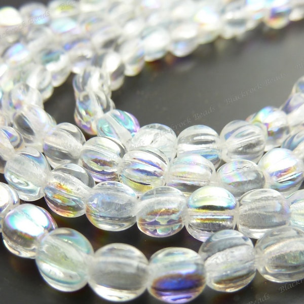 5mm Crystal Clear AB Round Melon Czech Glass Beads - 50pc Strand - Corrugated, Fluted Beads, Small Spacer Beads - BD31