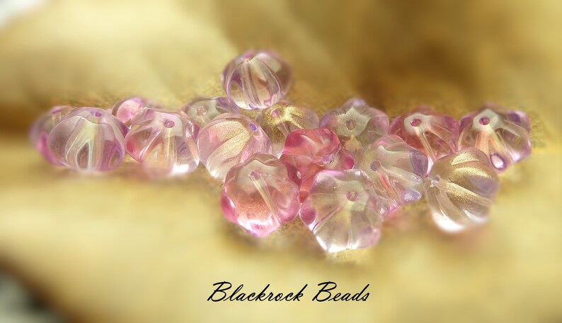 Pink, Light Purple, and Clear Flower Glass Beads 10 Pieces 8x10mm, Pumpkin Shaped Melon Beads, Metallic Gold Accented Beads BK1 image 7
