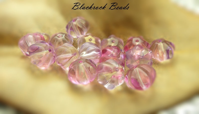 Pink, Light Purple, and Clear Flower Glass Beads 10 Pieces 8x10mm, Pumpkin Shaped Melon Beads, Metallic Gold Accented Beads BK1 image 2