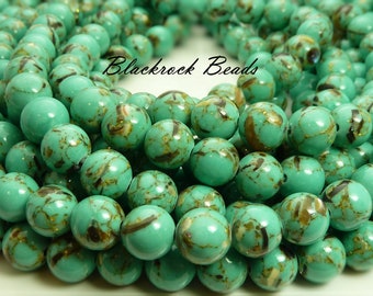 8mm Aquamarine Magnesite and Sea Shell Beads - 16 Inch Strand (about 49 beads) - Light Green Blue Round Gemstone Beads, Shell Beads - BE45