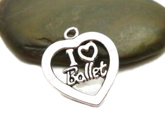 5 I Love Ballet Charms - Antique Silver Tone - 24x21mm, Dance Charms, Message Charms, Heart Shaped Ballet Pendants - BM21