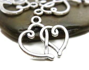 10 Heart Charms - Double Sided - Antique Silver Tone - 20x18mm, Heart Pendants - BC9