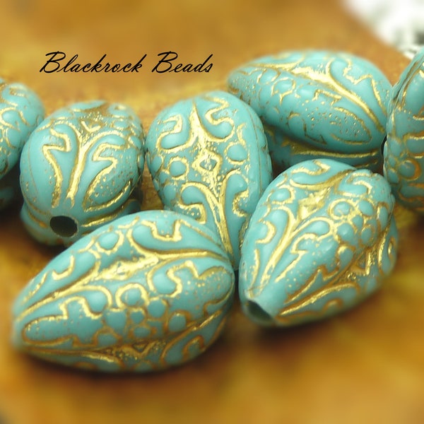 Turquoise and Gold Enlaced Acrylic Teardrop Beads - 10 Pieces - 18x11mm Acrylic Focal Beads, Drop Beads, Etched Enlaced Designs - BG30