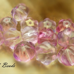 Pink, Light Purple, and Clear Flower Glass Beads 10 Pieces 8x10mm, Pumpkin Shaped Melon Beads, Metallic Gold Accented Beads BK1 image 3