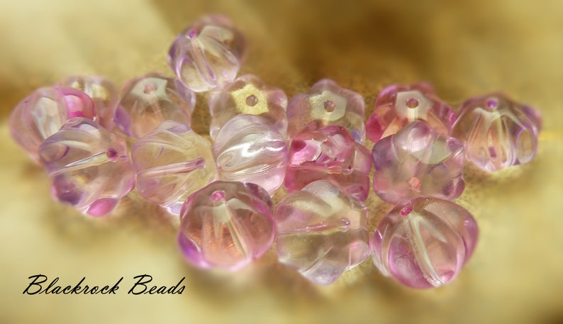 Pink, Light Purple, and Clear Flower Glass Beads 10 Pieces 8x10mm, Pumpkin Shaped Melon Beads, Metallic Gold Accented Beads BK1 image 3