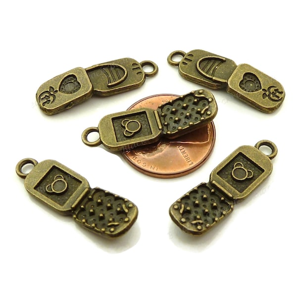 5 Cell Phone Charms - Double Sided - Antique Bronze Tone - 26x8mm, Mobile Phone Pendants, Jewelry Supplies - BA13