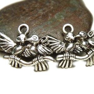 5 Love Bird Charms - 3D and Double Sided - Antique Silver Tone - 13x17mm, Bird Pendants - BM10