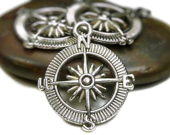4 Compass Charms or Pendants - Antique Silver Tone - 25mm, Compass Connectors, Links - BH15
