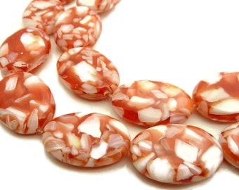 24x18mm Fire Red and White Mother of Pearl and Resin Oval Beads - 15pc Strand - White Pearl Chips, Mosaic Pattern, Puffed - BQ28