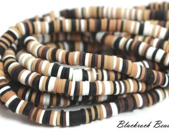 6mm Earth Tone Mix Polymer Clay and Vinyl Heishi Beads - 17 Inch Strand (380 - 400 beads) - Warm Tone Discs, Brown, Cream, Black - BR7-10