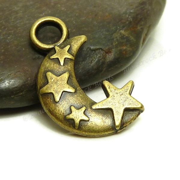 10 Moon and Star Charms - 3D and Double Sided - Antique Bronze Tone - Moon and Star Pendants, Jewelry Findings - BP6