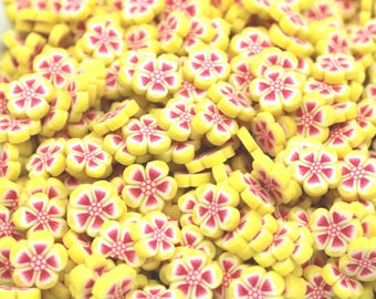 10mm Yellow and Dark Pink Flower Polymer Clay Slices - NOT EDIBLE - Floral Cherry Blossom Sakura Cabochons, Craft Embellishments - BPC205