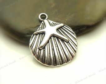 6 Shell with Starfish Charms 22x18mm Antique Silver Tone Metal - BM16