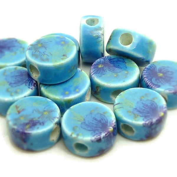 Light Blue and Purple Flat Round Porcelain Beads - 10pcs - 8mmx4mm Flower Pattern Beads - BQ17