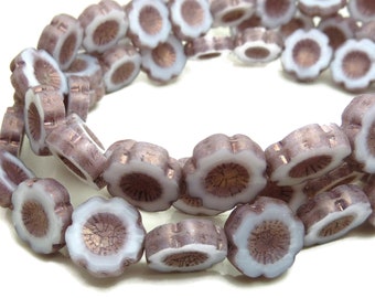 14mm Pale Lavender Metallic Picasso Czech Glass Beads - 6pcs - Czech Flower Beads, Dimpled Coins, Flat Round Beads, Purple Beads - BD12-4