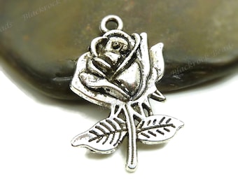 10 Rose Charms - Antique Silver Tone - 17x25mm, Very Detailed, Flower Pendants - BA18