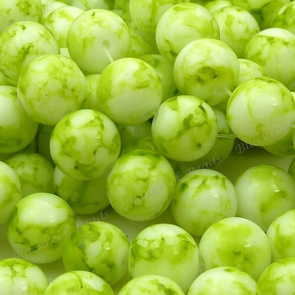 10mm Lime Green and White Round Glass Beads - 20 Pieces - BN4