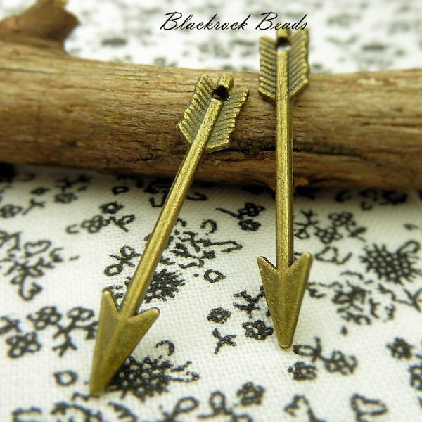 10 Arrow Charm Pendants - Antique Bronze Tone - 30x5x2mm, 1.5mm Bead Holes, Double Sided Design, Bracelet Connectors, Jewelry Findings - BA8