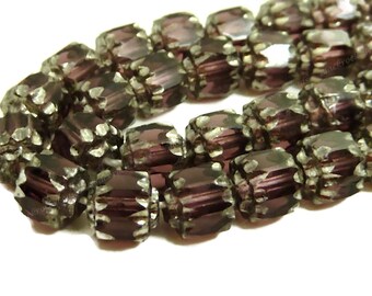 6mm Amethyst Purple and Silver Cathedral Czech Glass Beads - 25pc Strand - Fire Polished Glass, Faceted Barrel Beads - BD2