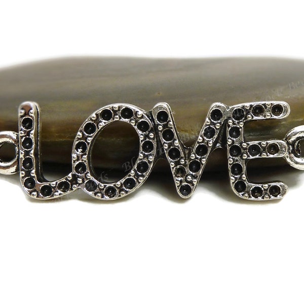 5 Love Message Rhinestone Setting Connectors - Antique Silver Tone - 36x10mm, 2 Loop Links, Curved Bar Links, Jewelry Findings - BB34