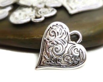 10 Heart Charms - Double Sided - Antique Silver Tone - 16x15mm, Textured Heart Pendants - BC17