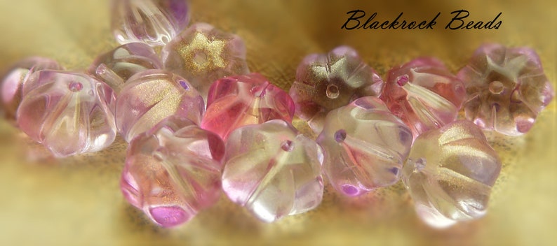 Pink, Light Purple, and Clear Flower Glass Beads 10 Pieces 8x10mm, Pumpkin Shaped Melon Beads, Metallic Gold Accented Beads BK1 image 5