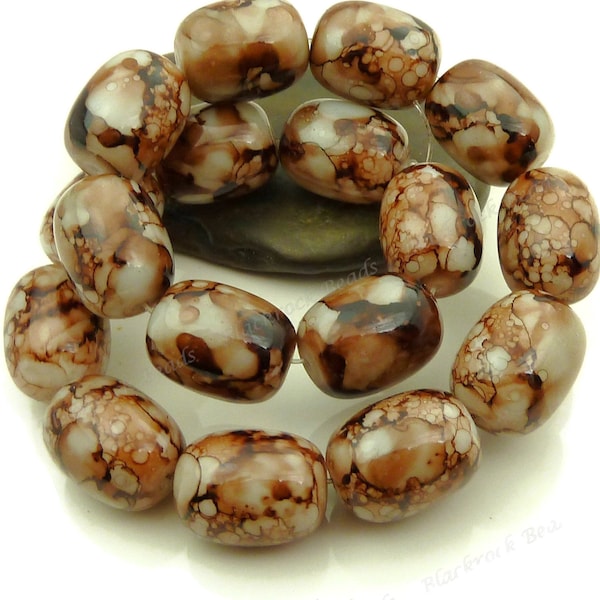Dark Brown and White Oval Glass Beads - 10 Pieces - 16x12mm, Smooth Mosaic Beads, Large Barrel Beads - BL25
