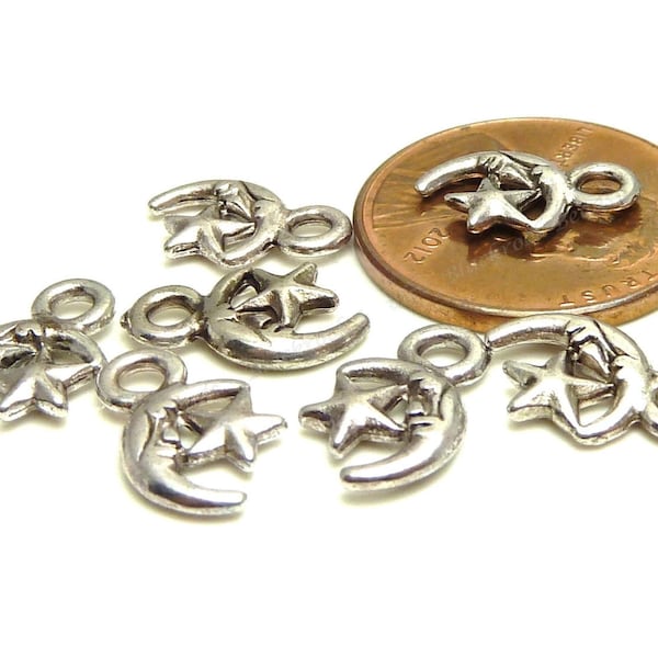 Bulk 30 Moon and Star Charms - Double Sided - Antique Silver Tone - 12x8mm, Tiny Charms, Moon Charms - BP5