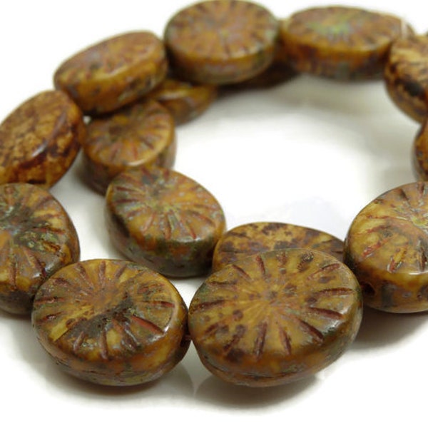 14x11mm Goldenrod Brown Picasso Czech Glass Beads - 10pc Strand - Starburst Carved Oval Beads, Picasso Finish - BE44