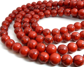 10mm Red Magnesite Gemstone Beads - 14.5 Inch Strand (about 37 beads) - Round, Opaque, Black Veining - BB17