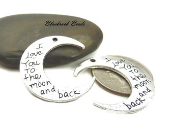 Bulk 12 I Love You To the Moon and Back Pendants - Antique Silver Tone Metal - 30mm - Double Sided Message, Large Moon Charms - BE47