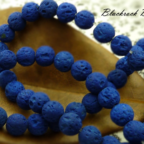 8mm Royal Blue Lava Beads - 15 Inch Strand (about 47 beads) - Matte Rustic Beads, Unwaxed Round Lava Stone, Dyed Lava Beads - BF25