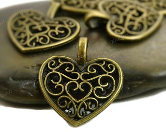 10 Heart Shaped Charms - Antique Bronze Tone - Filigree Heart Pendants, Jewelry Findings, 18x15mm - BP36