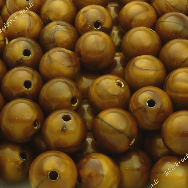 11.5mm Saddle Brown Swirled Imitation Tiger Eye Acrylic Beads - 20 Pieces - Shimmery Camel Brown Round Acrylic Beads - BR1-13